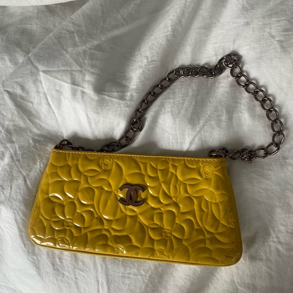 CHANEL Yellow Floral Embossed Shoulder Bag